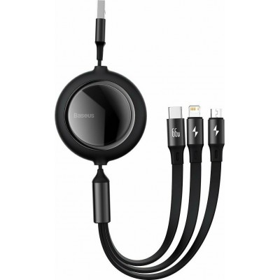 Baseus Flat / Retractable USB to Lightning / Type-C / micro USB Cable Μαύρο 1.2m (CAMLC-MJ01)