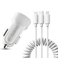 Dudao Φορτιστής Αυτοκινήτου kit 2x USB 2.4A charger + 3in1 Lightning / Type C / micro USB  Καλώδιο Λευκό (R7 white)