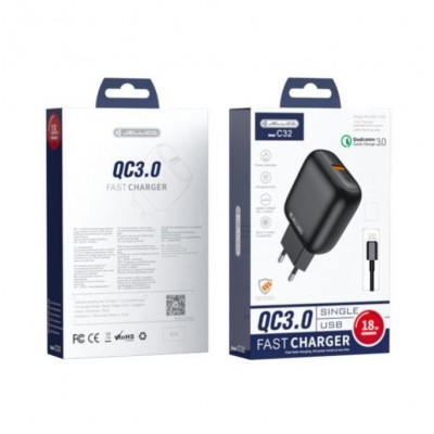 JELLICO Travel charger - C32 18W USB3.0 + cable lightning set black