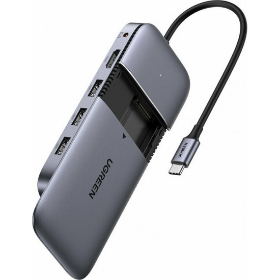 Ugreen multi-functional HUB USB Type C – 3x USB 3.2 Gen 2 (10Gbps) / HDMI 4K 60Hz / USB Type C PD / DC pocket SATA M.2 SSD case gray (CM296 70449)