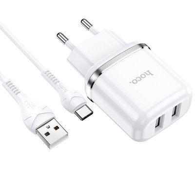 Φορτιστής 2,4A 2xUSB και Καλώδιο 1m USB Type C Hoco N4 Smart Dual USB USB-C White