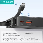USAMS power bank CD224 με καλώδιο USB-C, 2x θύρες εξόδου, 10000mAh, 20W, λευκό