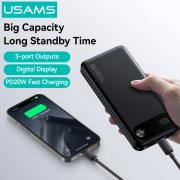 USAMS power bank CD249 με οθόνη, 3x θύρες εξόδου, 10000mAh, PD20W, μαύρο