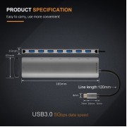 CABLETIME USB-C hub C160, 7x USB, 5Gbps, 0.15m, ασημί