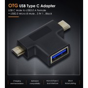 CABLETIME αντάπτορας USB σε USB-C & micro USB CT-3IN1-AB, 5Gbps, μαύρος