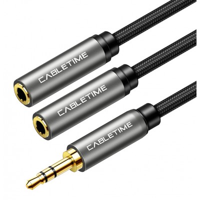 CABLETIME καλώδιο ήχου 3.5mm σε 2x 3.5mm CT-P12G, 3-pole, 20cm, μαύρο