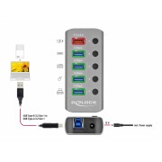 DELOCK USB hub 63262 με διακόπτες, 5x θυρών, 5Gbps, 2.4A, γκρι