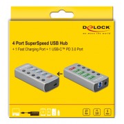 DELOCK USB hub 63263 με διακόπτες, 6x θυρών, 5Gbps, 12V/2.25A PD, γκρι