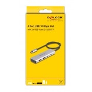 DELOCK USB hub 64230, 4x θυρών, 10Gbps, USB-C σύνδεση, γκρι