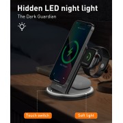 LDNIO ασύρματος φορτιστής WL02 με LED φωτισμό, 3 σε 1, 15W, μαύρος