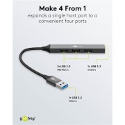 GOOBAY USB hub 74456, 4x θυρών, USB 3.2, 5Gbps, USB σύνδεση, γκρι