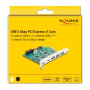 DELOCK κάρτα επέκτασης PCIe x1 σε 3x USB/2x USB-C/19-pin 90109, 5Gbps