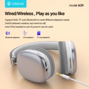 CELEBRAT headphones A39, ασύρματα & ενσύρματα, micro SD, 40mm, 400mAh, ασημί
