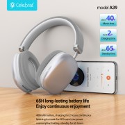 CELEBRAT headphones A39, ασύρματα & ενσύρματα, micro SD, 40mm, 400mAh, ασημί
