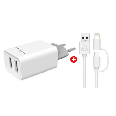 POWERTECH φορτιστής τοίχου 2x USB PT-778 & MFi καλώδιο USB σε Micro/Lightning