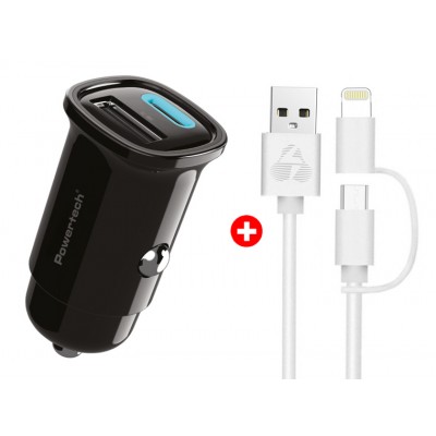 POWERTECH φορτιστής αυτοκινήτου με καλώδιο MFi USB σε micro USB/Lightning BNDL-0206, USB & USB-C, 30W, μαύρο/λευκό