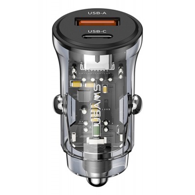 USAMS φορτιστής αυτοκινήτου US-CC164, USB & USB-C, 30W, μαύρος