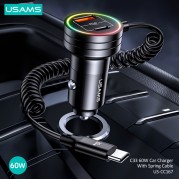 USAMS φορτιστής αυτοκινήτου US-CC167 με καλώδιο, USB/USB-C, 60W, μαύρος