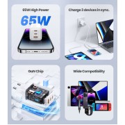 USAMS φορτιστής τοίχου US-CC180, USB & 2x USB-C, 65W PD, GaN, μαύρος