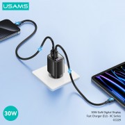 USAMS φορτιστής τοίχου US-CC229, USB & USB-C, 30W, GaN, μαύρος