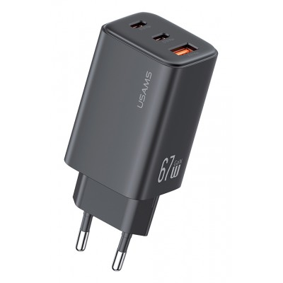 USAMS φορτιστής τοίχου CC265, USB & 2x USB-C, 67W, GaN, μαύρος