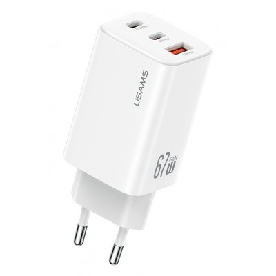 USAMS φορτιστής τοίχου CC265, USB & 2x USB-C, 67W, GaN, λευκός
