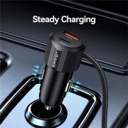 USAMS φορτιστής αυτοκινήτου CC287 με 2 σε 1 καλώδιο, USB/USB-C θύρες, 66W, μαύρος