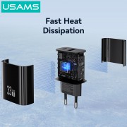 USAMS φορτιστής τοίχου CC317, USB & USB-C, 33W, GaN, μαύρος