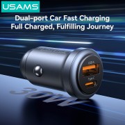 USAMS φορτιστής αυτοκινήτου CC322, USB & USB-C, 30W, γκρι