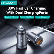 USAMS φορτιστής αυτοκινήτου CC322, USB & USB-C, 30W, γκρι