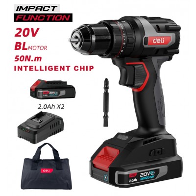 DELI κρουστικό δραπανοκατσάβιδο μπαταρίας DE-CZ20-2D2, Brushless, 20V, 2x 2Ah, 50N.m