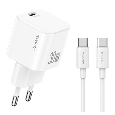 USAMS φορτιστής τοίχου CC262 με καλώδιο USB-C, 30W, GaN, λευκός