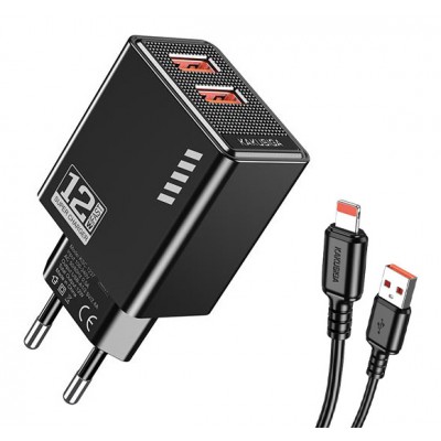 KAKUSIGA φορτιστής τοίχου KSC-1238 με καλώδιο Lightning, 2x USB, 12W, μαύρος