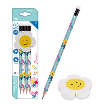 MP σετ ξύλινα μολύβια & γόμα Flowers PE356-02, εξάγωνα, HB, 5τμχ