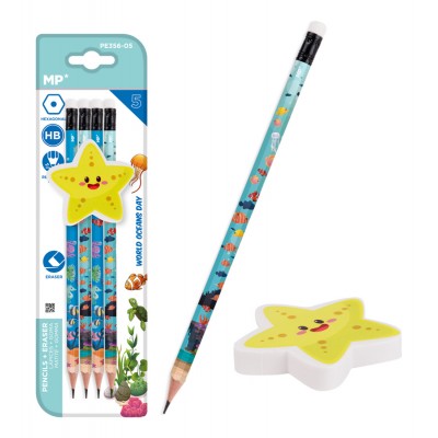 MP σετ ξύλινα μολύβια & γόμα World oceans day PPE356-05, εξάγωνα, HB, 5τμχ