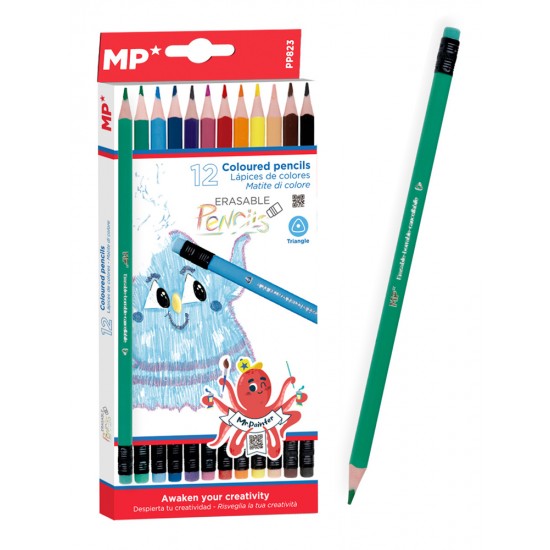 MP χρωματιστές ξυλομπογιές PP823 με γόμα, τρίγωνες, 12τμχ MP χρωματιστές ξυλομπογιές PP823 με γόμα, τρίγωνες, 12τμχ