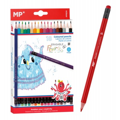 MP χρωματιστές ξυλομπογιές PP824 με γόμα, τρίγωνες, 18τμχ