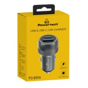 POWERTECH φορτιστής αυτοκινήτου PT-1148, USB & USB-C, 89W PD & QC, γκρι