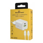 POWERTECH φορτιστής τοίχου PT-1224, καλώδιο, USB/USB-C, 33W, GaN, λευκός