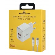 POWERTECH φορτιστής τοίχου PT-1248, καλώδιο, USB/USB-C, 20W, GaN, λευκός