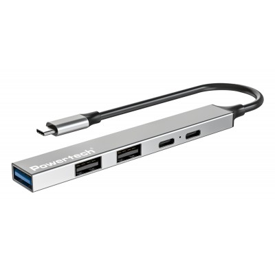 POWERTECH USB hub PT-1414, 5x θυρών, USB 3.2, 5Gbps, 100W, USB-C σύνδεση, γκρι