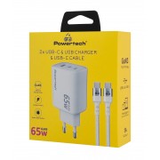 POWERTECH φορτιστής τοίχου PT-1415 με καλώδιο, USB/2x USB-C, 65W, GaN, λευκός