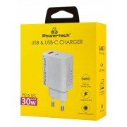 POWERTECH φορτιστής τοίχου PT-1433, USB/USB-C, 30W, GaN, λευκός