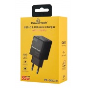 POWERTECH φορτιστής τοίχου PT-1499 με οθόνη, USB/USB-C, 35W, GaN, μαύρος