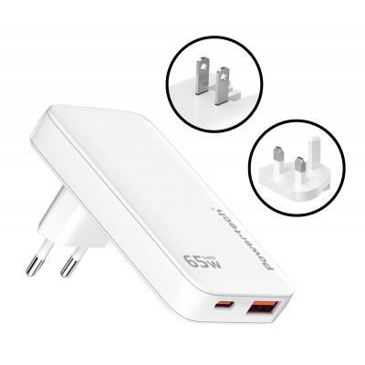 POWERTECH φορτιστής τοίχου PT-1532, EU/UK/CN βύσμα, USB/USB-C, 65W, GaN, λευκός