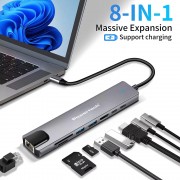 POWERTECH docking station PT-1537, 8 θυρών, USB-C σύνδεση, 100W PD, 1000Mbps, γκρι