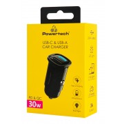 POWERTECH φορτιστής αυτοκινήτου PT-1538, USB & USB-C, 30W, μαύρος