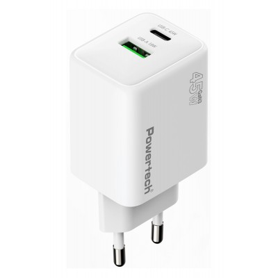 POWERTECH φορτιστής τοίχου PT-1551, USB/USB-C, 45W, GaN, AVS, λευκός
