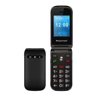 POWERTECH κινητό τηλέφωνο Milly Flip V2, 2.4", dual SIM, πλήκτρο SOS, μαύρο