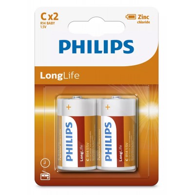 PHILIPS LongLife Zinc chloride μπαταρίες R14L2B/10, R14 1.5V, 2τμχ